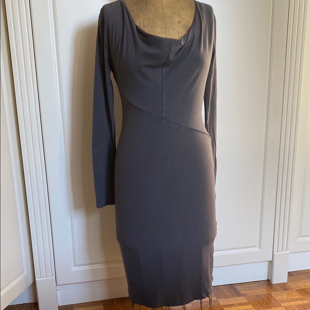 Maternity Charcoal Gray Sheath Dress with Long Sleeves and Cowl Neck .